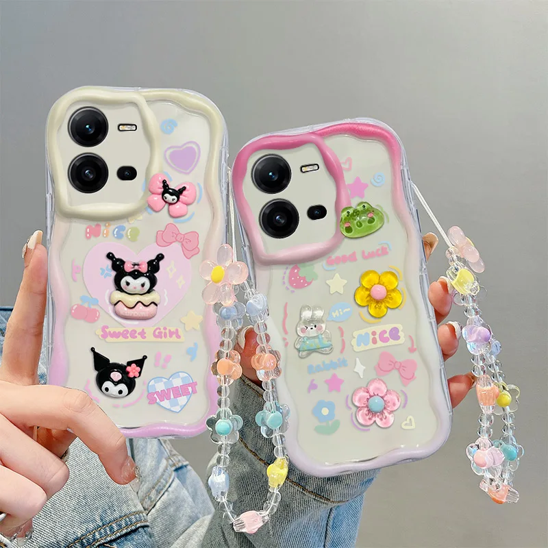

Fashion Wavy Edge Cute Creamy Cartoon Animals Phone Case For Vivo V25 5G Vivo V25e 4G Hand Strap Bracelet Case Cover