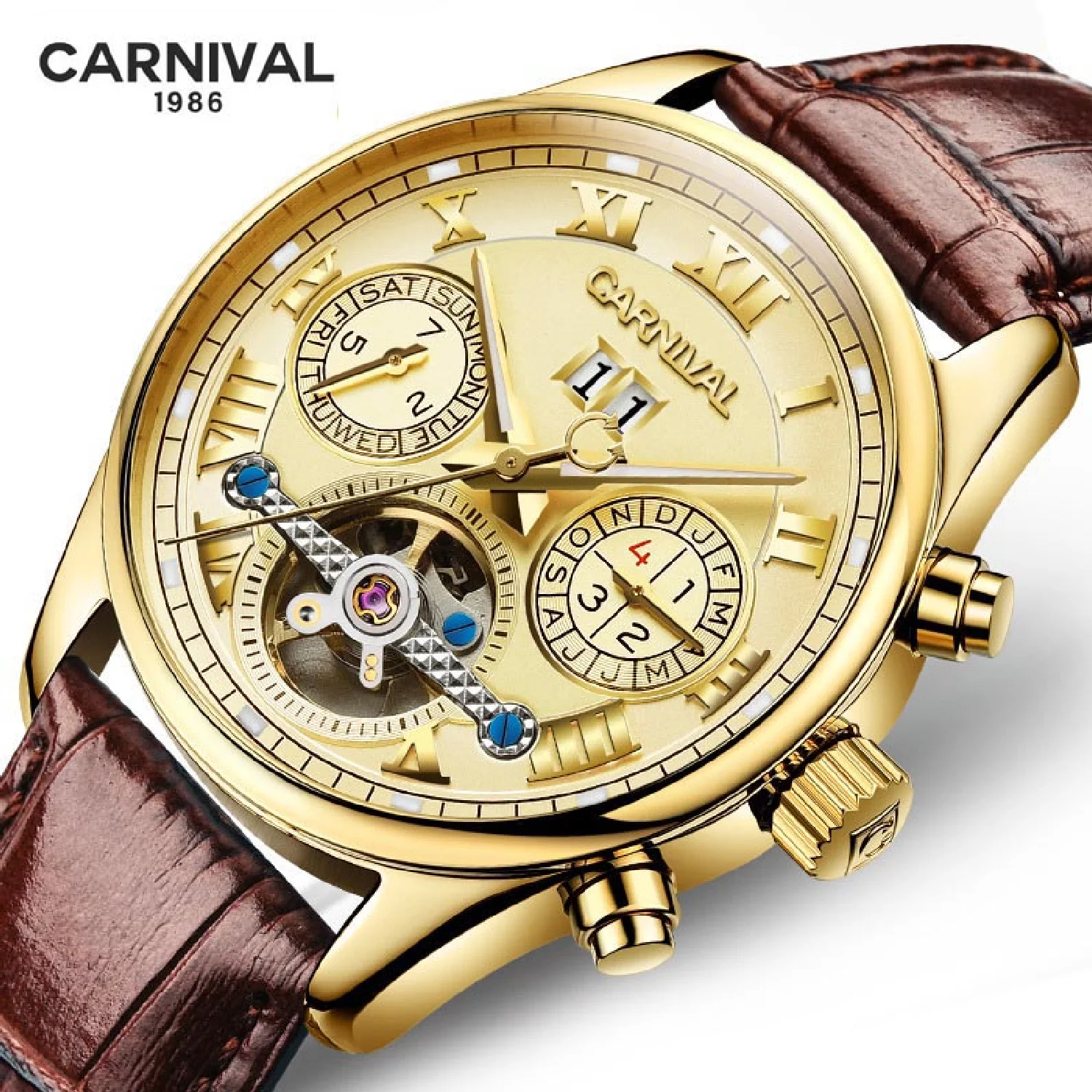 

CARNIVAL Luxury Automatic Mechanical Watch Men Luminous Date Tourbillon Watches Gold Steel Case Relogios Masculinos