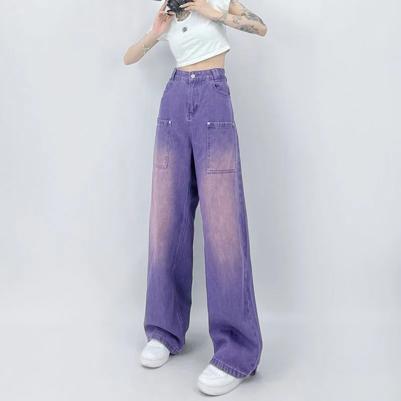 Purple Wide-Leg Jeans Women's Straight Loose 2022 New High-Waisted  Pants Women