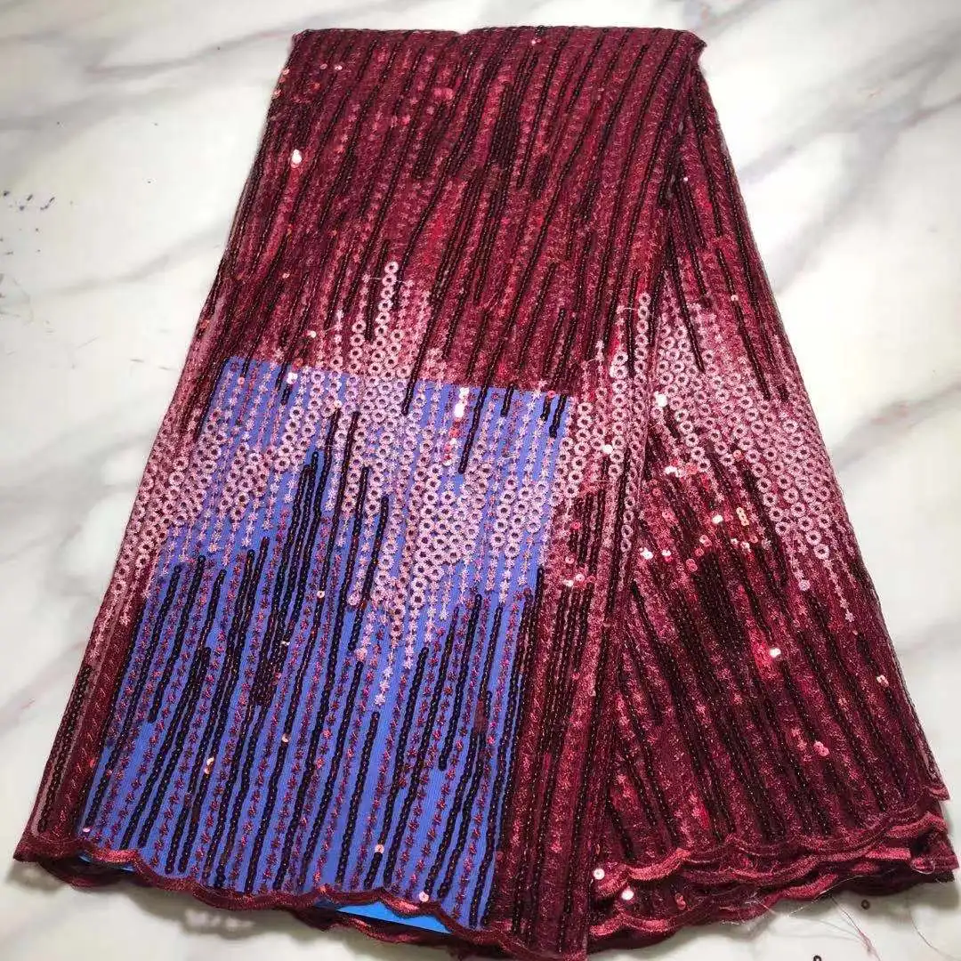

Latest African Wine Red 5 Yards Mesh Fabric French 2022 High Quality Sequin Tulle Net Lace For Wedding Bride Prom Dress Sewing