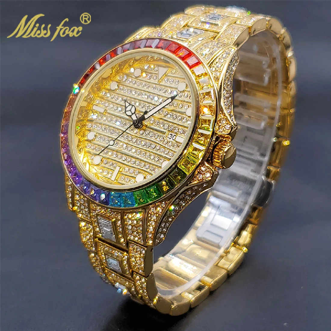 

Rel��gio MISSFOX Iced Out Golden Watches For Men Rainbow Diamond Hip Hop Fashion Luxury Men's Automatic Calendar Watch Gift