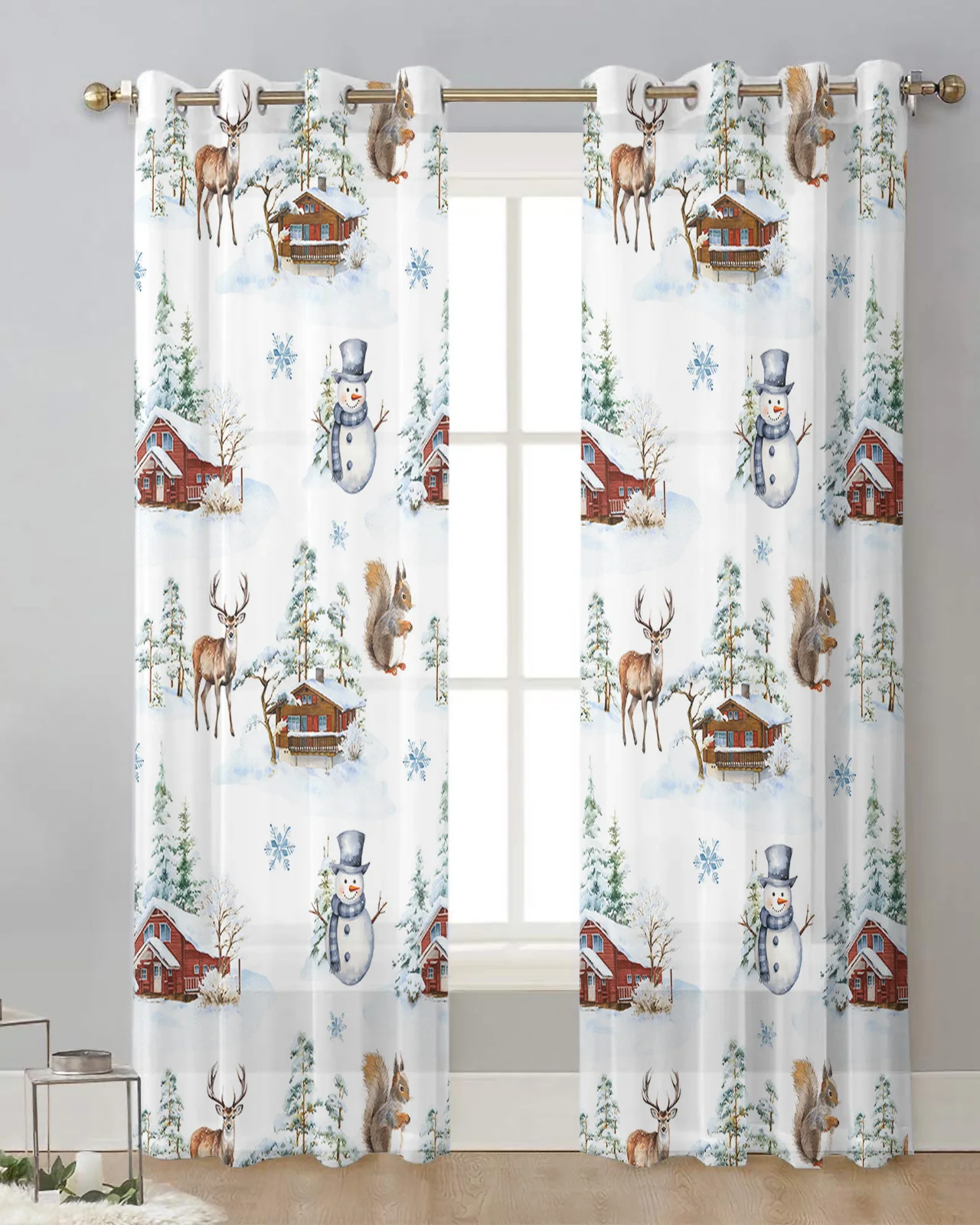 

Тюлевые шторы с люверсами, занавески на окна для гостиной в рождественском стиле, с белкой, снеговиком, оленем, для зимы