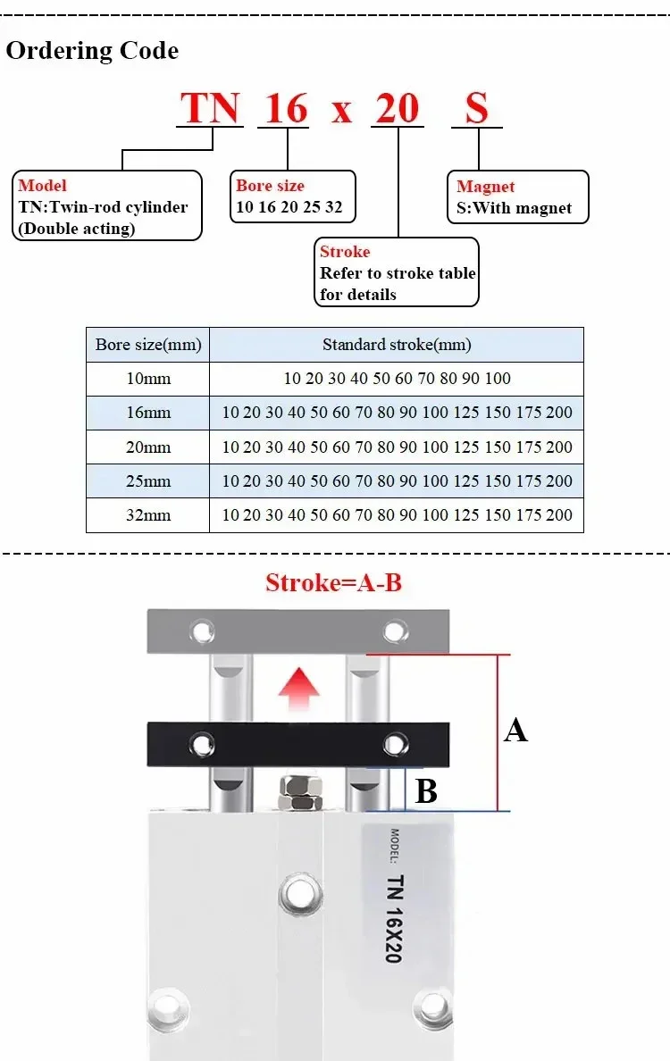 Двойной пневматический цилиндр с двойным стержнем TN 10 16 20 25 32 мм ход из