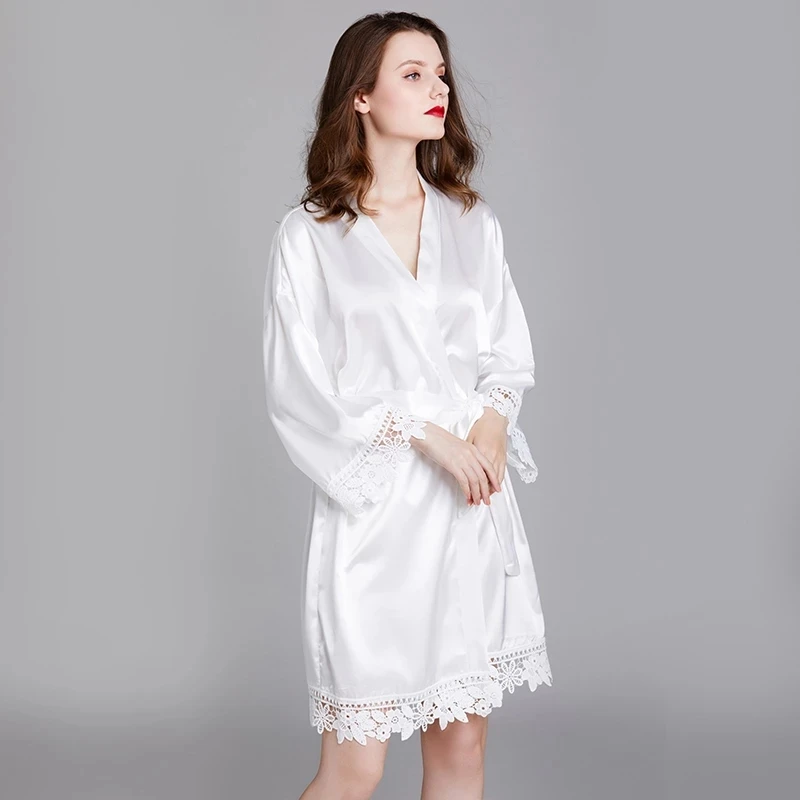 Girls Sleepwear Robe Satin-silk Women Nightgown Lace Long-sleeve Pajamas Bathrobe for Female Ladies