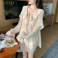 f girls french fairy shirts women summer v neck chiffon blouses top long flare sleeved solid loose casual shirts 2022 new