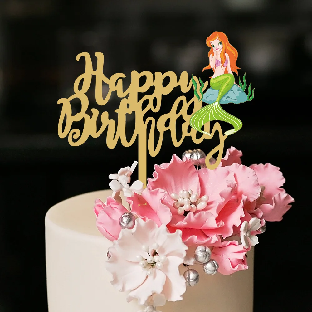 

1 Pcs Acrylic Happy Birthday English alphabet Baked Decorative Cake Insert Color Printed Mermaid Cake Arrangement