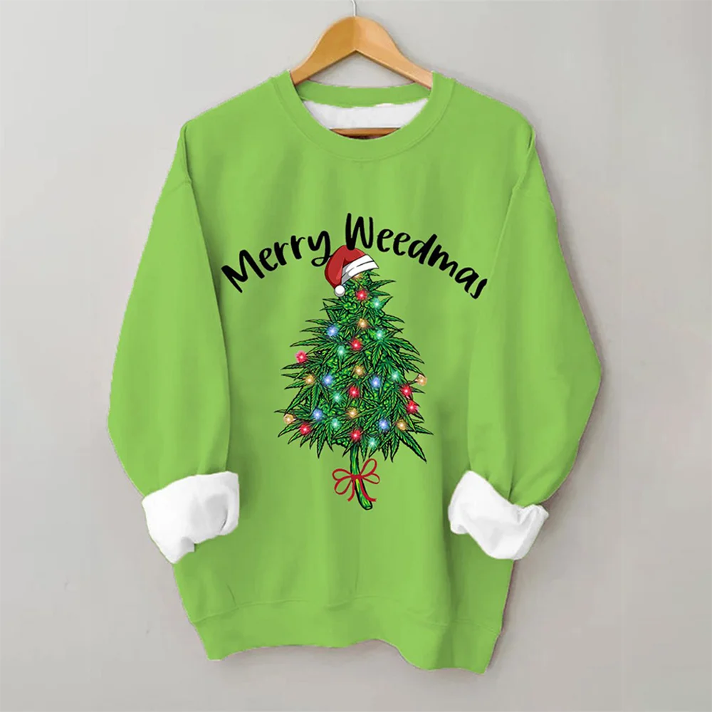 

Custom Christmas Merry Weedmas Christmas Tree Lights Print Sweatshirt Personalized Pullover Streetwear Unisex Baggy Tops