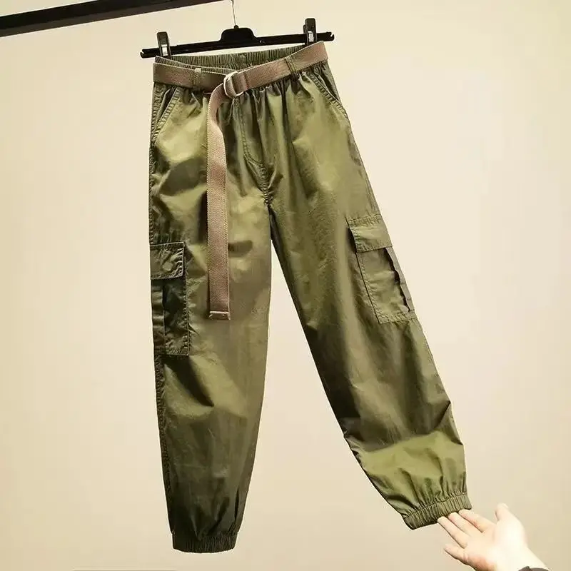 

Multi Side Pockets Cargo Pants Women Slim Harem Pants 2023 New Fashion Female Ankle Length Casual Women's Pants With Belt A28