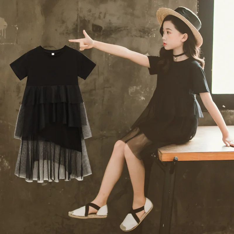 

Girls Dress Summer Princess Party Mesh Patchwork Irregular Dresses for Teens Girl 6 8 10 12 Years Children Short Sleeve Clothes