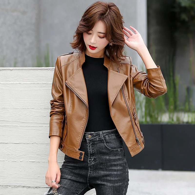 New Women Leather Jacket Spring 2022 Fashion Solid Color Slim Short Sheepskin Leather Coat Moto & Biker Style Tops Female