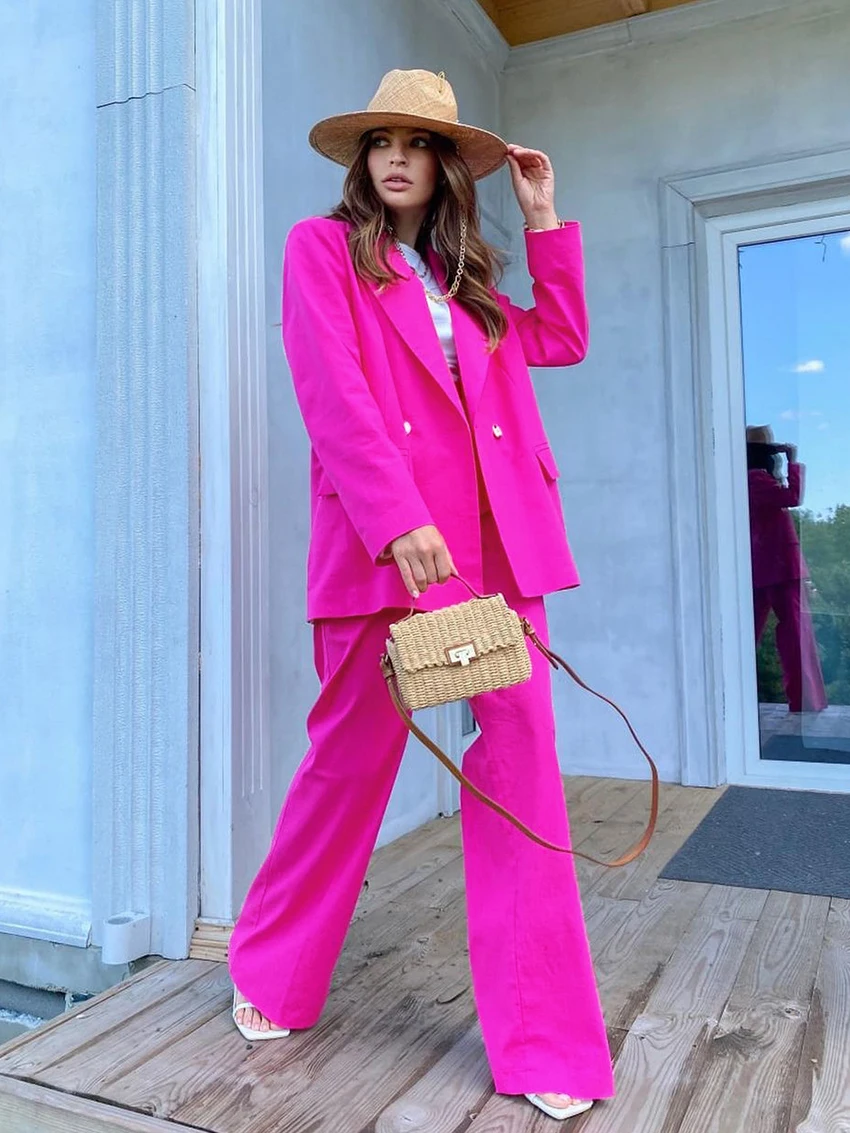 

TTQV Elegant Loose Rose Pink Two Piece Sets Womens Outifits Autumn Long Sleeve Blazers And High Waist Trousers Set Streetwear