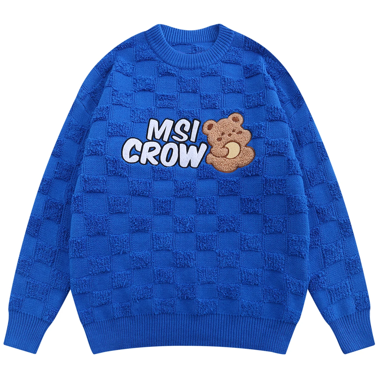 

LACIBLE Harajuku Spring Sweaters Jacquard Lattice Bear Knitted Sweater Pullover Men Women Streetwear Loose Casual Blue Knitwear