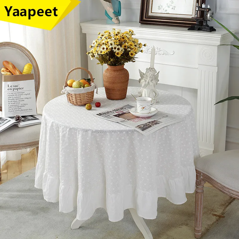 

European Round Tablecloth White Ruffled Ramadan Tablecloth Cotton and Linen Placemats Table Flags for Birthday Table Decoration