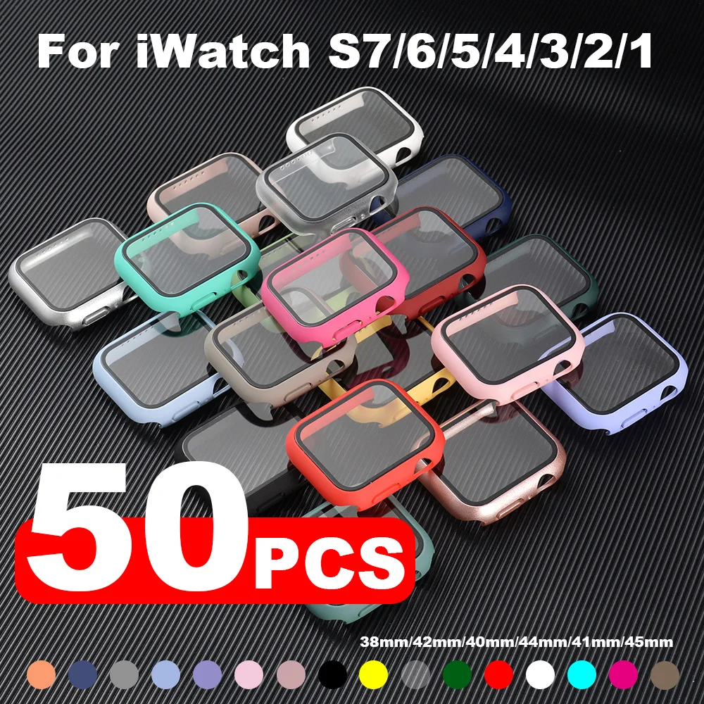 

50pcs Full Cover For Apple Watch S7 6 5 4 Matte Plastic For Cars Hard Frame Case With Glass For iwatch S1 2 3 Protector