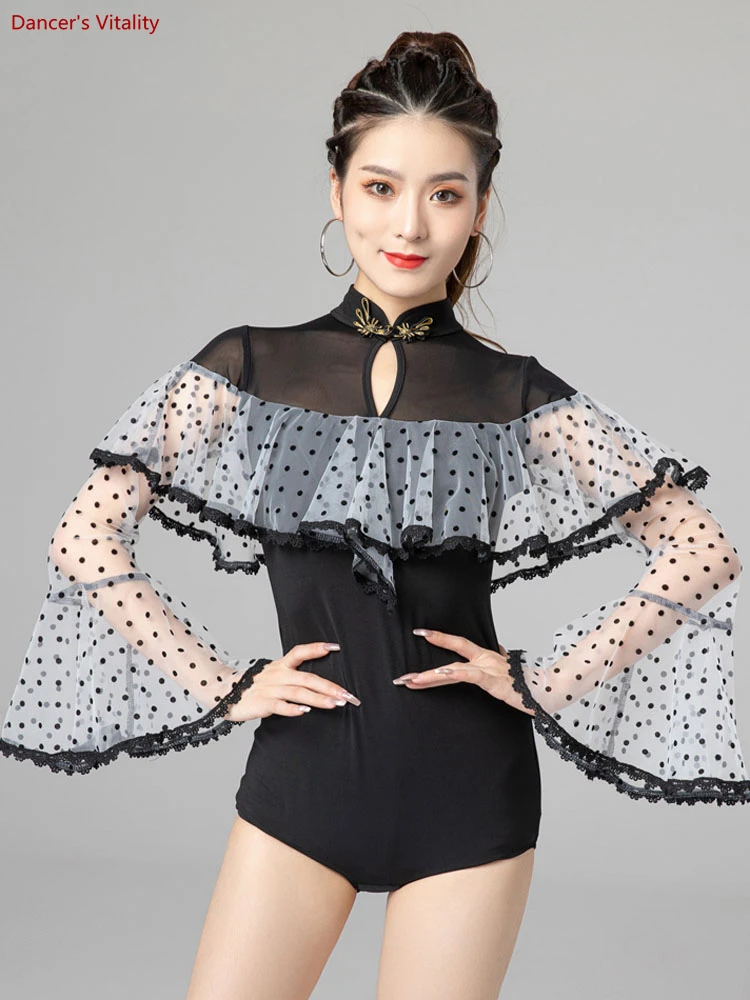 

Latin Dance Practice Clothing Female Adult Horn Long-sleeved Top Modern Dance Waltz Lotus Leaf Jumpsuit Performance Clothes
