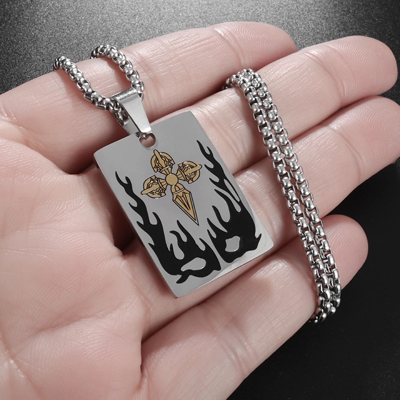 

Men Women New Trend Design Silver Flame Cross Stainless Steel Pendant Necklace Punk Trend Party Jewelry Gift