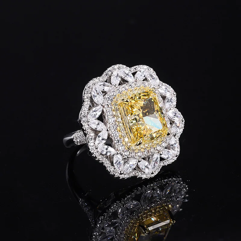 

S925 Sterling Silver Colored Gemstone Woman High Carbon Yellow Diamond Radiant Cut Luxury Inlaid Ring Center Stone 8*10mm