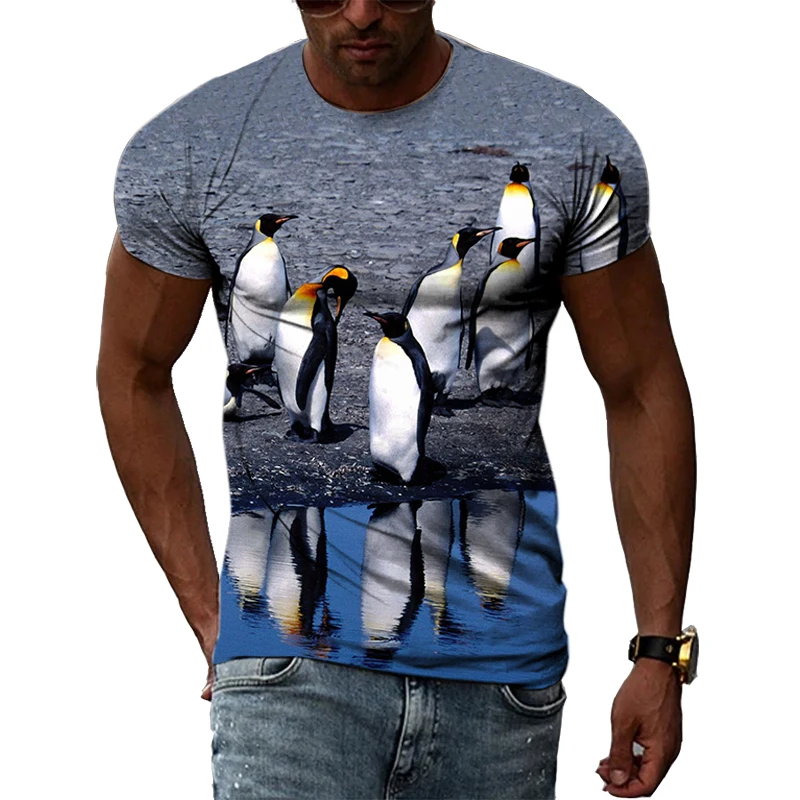 

Рубашка в стиле Харадзюку для мужчин и женщин, уличная одежда с рисунком пингвина, короткий рукав, круглый вырез, повседневный удобный топ