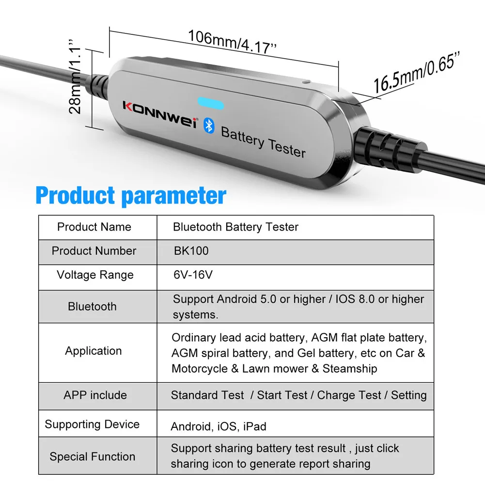 

KonnweiBK100 Bluetooth Car Battery Tester 12V Automotive CCA BCI MCA Lead-Acid Battery Tester 6V 12V Cranking Charging Analyzer