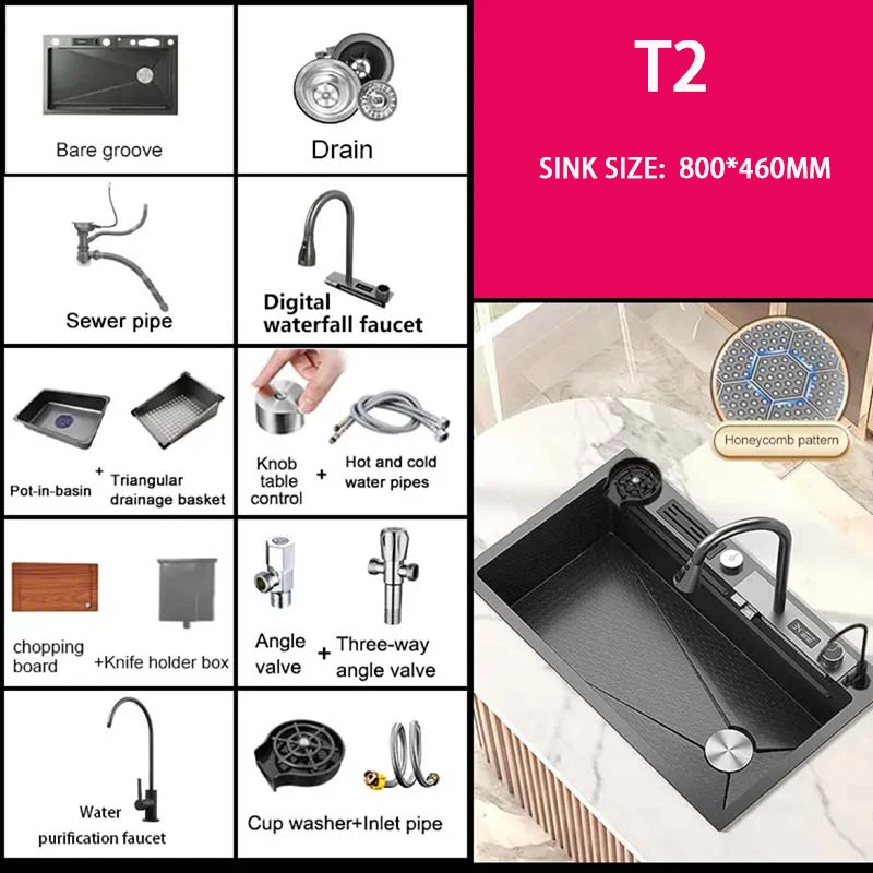 

Кухонная раковина «Летающий Водопад» из нержавеющей стали 304 с цифровым дисплеем, большая раковина, раковина для раковины с левой стороны воды