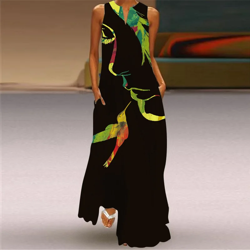 

Maxi Dress Women's V Neck Sleeveless Fashion Retro Sexy Banquet Vestir Robe S-5XL