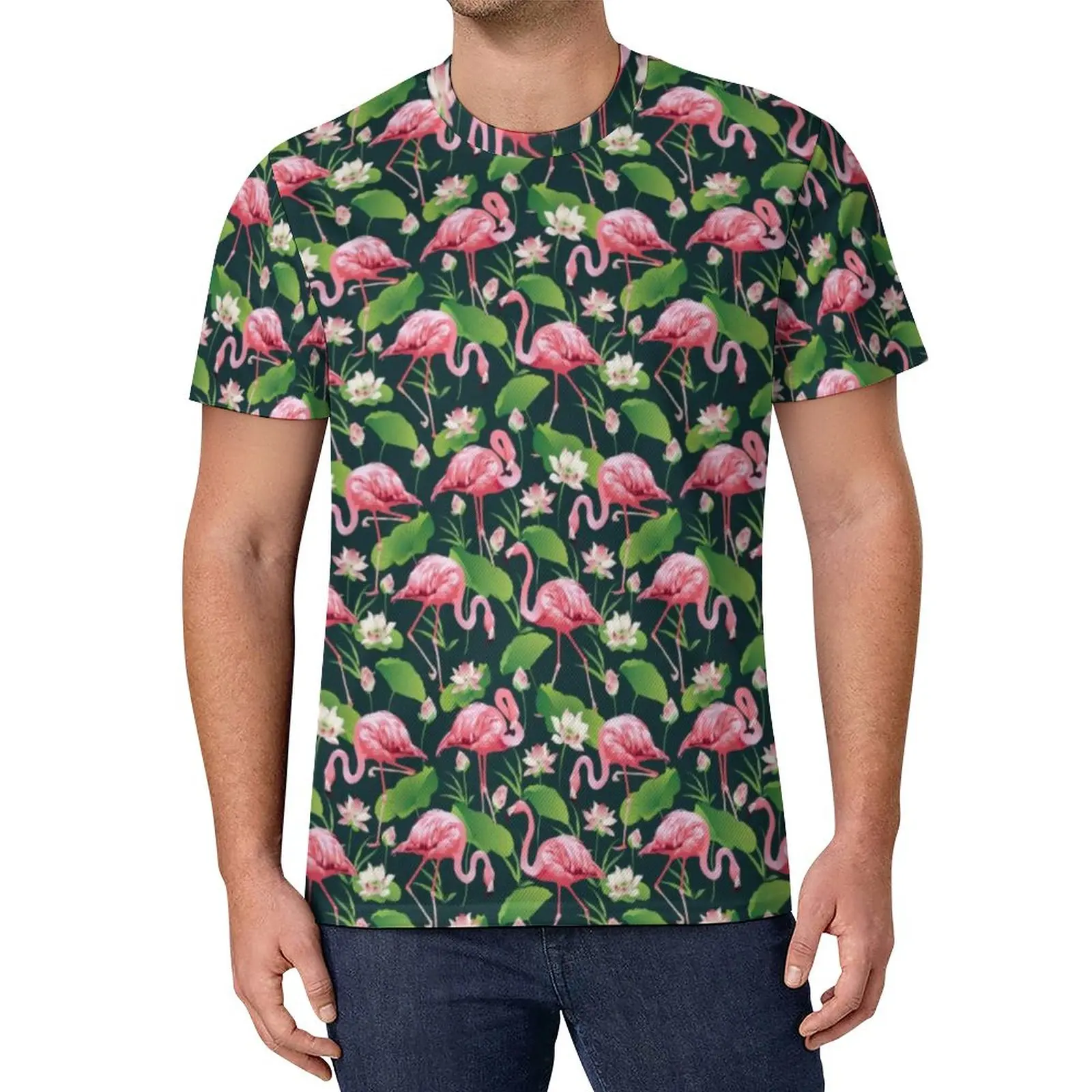 

Tropical Flamingo Birds T-Shirt White Lily Flowers Fashion T-Shirts Short-Sleeved Pattern Tops Essential Oversize Clothes