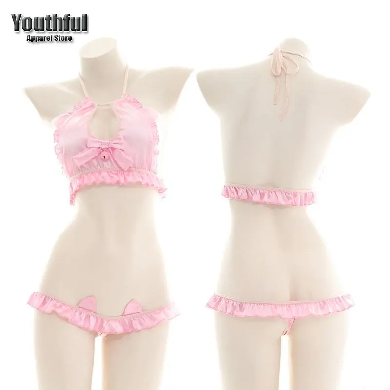 

Women Sexy Lingerie Kawaii Maid Mini Bikini Adult Cosplay Erotic Costumes Bow Top Underwear Panty Set