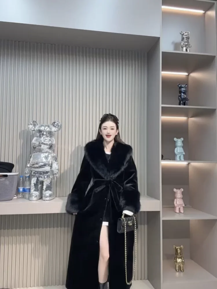 2024 Winter New European Mink Cashmere Fur Integrated Outerwear Women Mid-Length over-the-Knee Simulation Coat Lace-up
