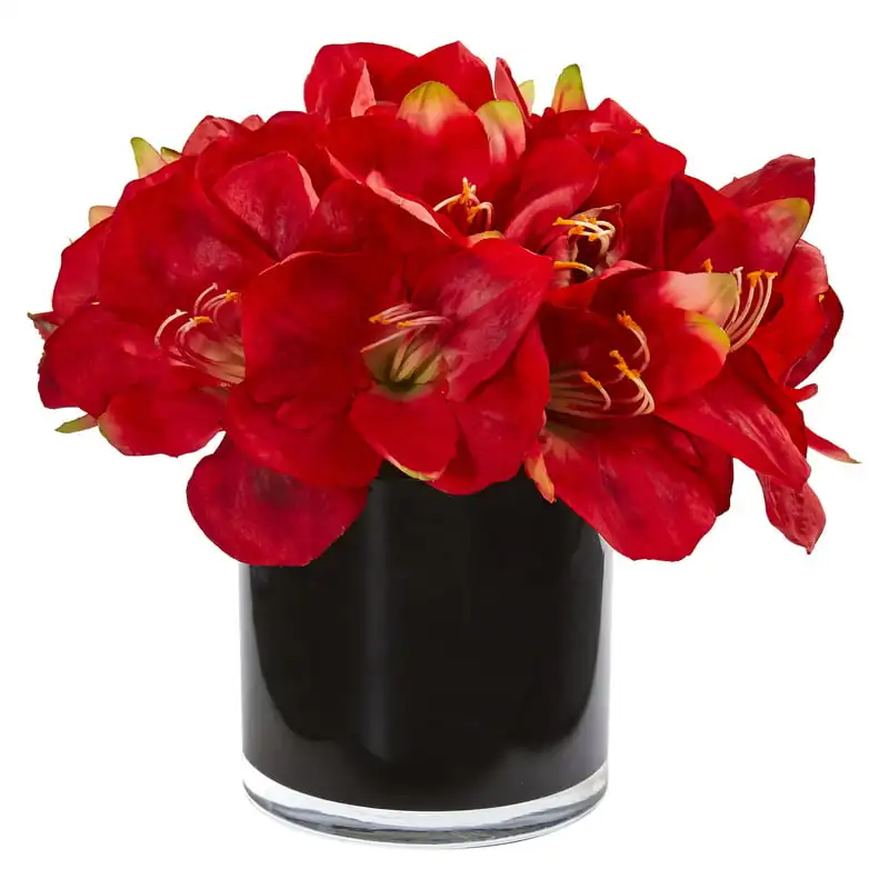 

Amaryllis Artificial Flower Arrangement in Glossy Cylinder, Red Wedding Party Vase Home Autumn Decoration Fake Flower