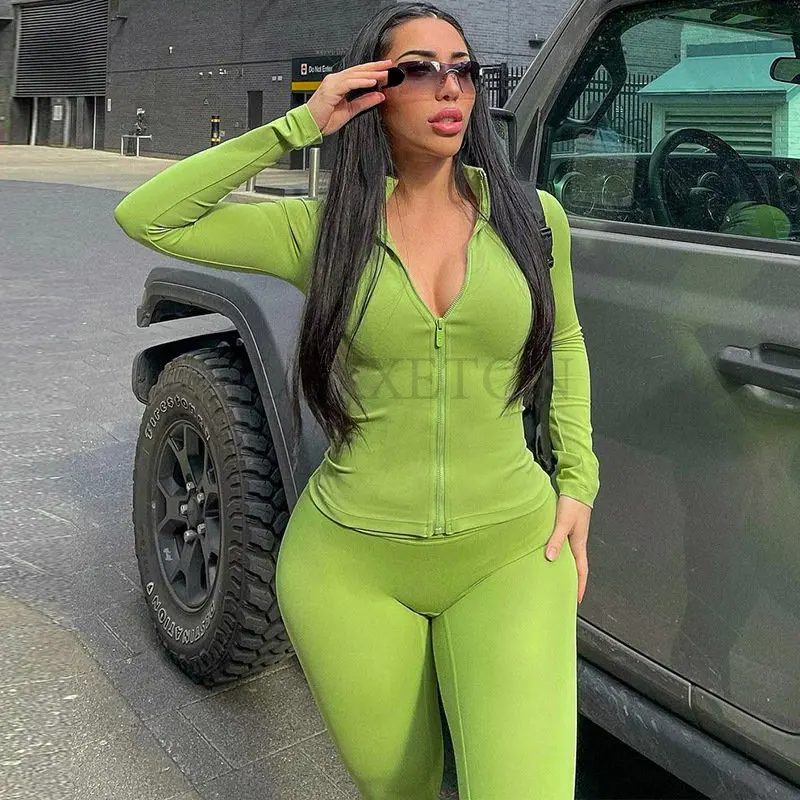

Осенний Повседневный облегающий костюм для йоги и фитнеса из двух предметов для женщин Кардашьян скимпер блузка толстовки брюки зеленый сп...