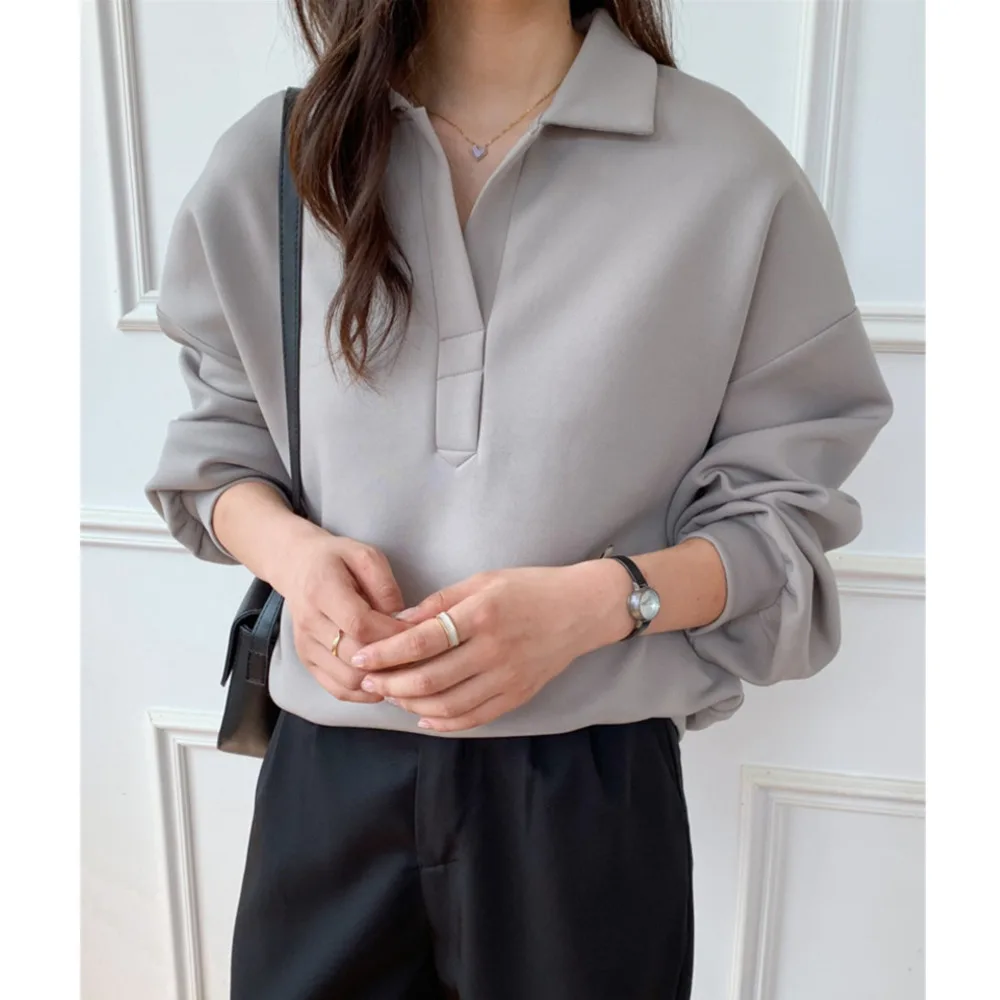 

Korean Autumn Hoodies Solid Lapel Pullover 2022 All-match Long Sleeve Tops Casual Winter Shirt Designer Women Loose Sweatshirt