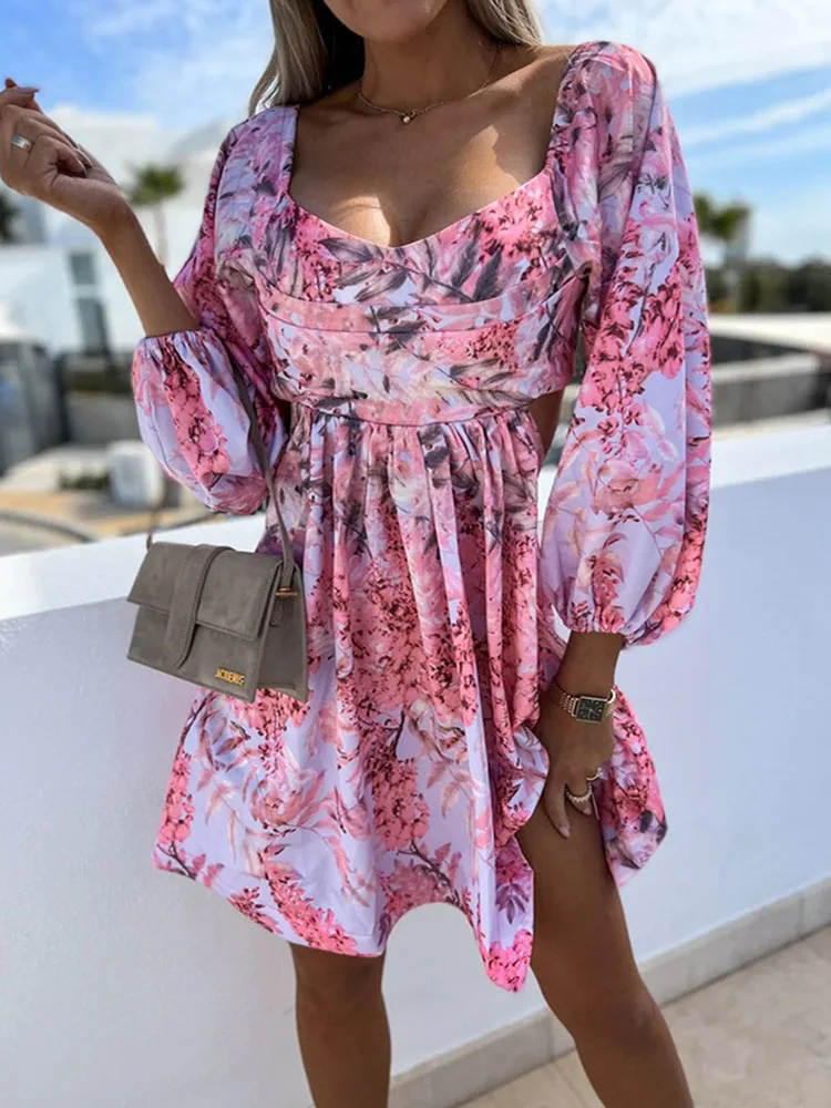 

Sexy Square Collar Long Sleeve Party Dress Elegant Floral Printing Mini Dresses Spring Fashion Office Lady Commute Pleated Dress