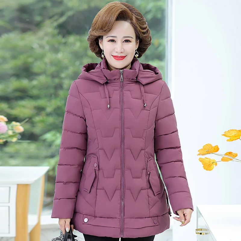 New Winter Women's Black Jacket Hooded Solid Cotton Padded Middle-aged Woman Parkas High Quality Short Ladies Coats and Jackets