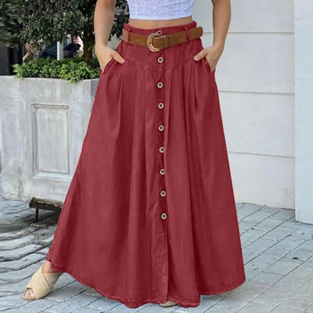 

Trendy Maxi Skirt Solid Color Casual Women Skirt Button A-line Decoration