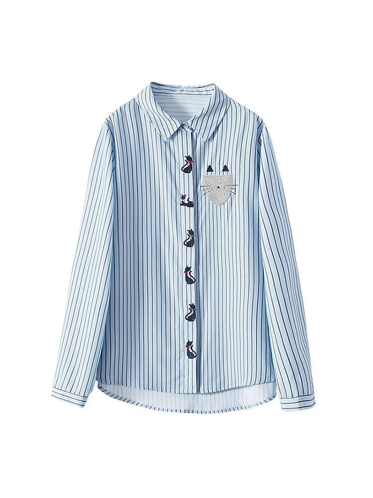 Повседневные свободные полосатые модные женские блузки на пуговицах с вышивкой