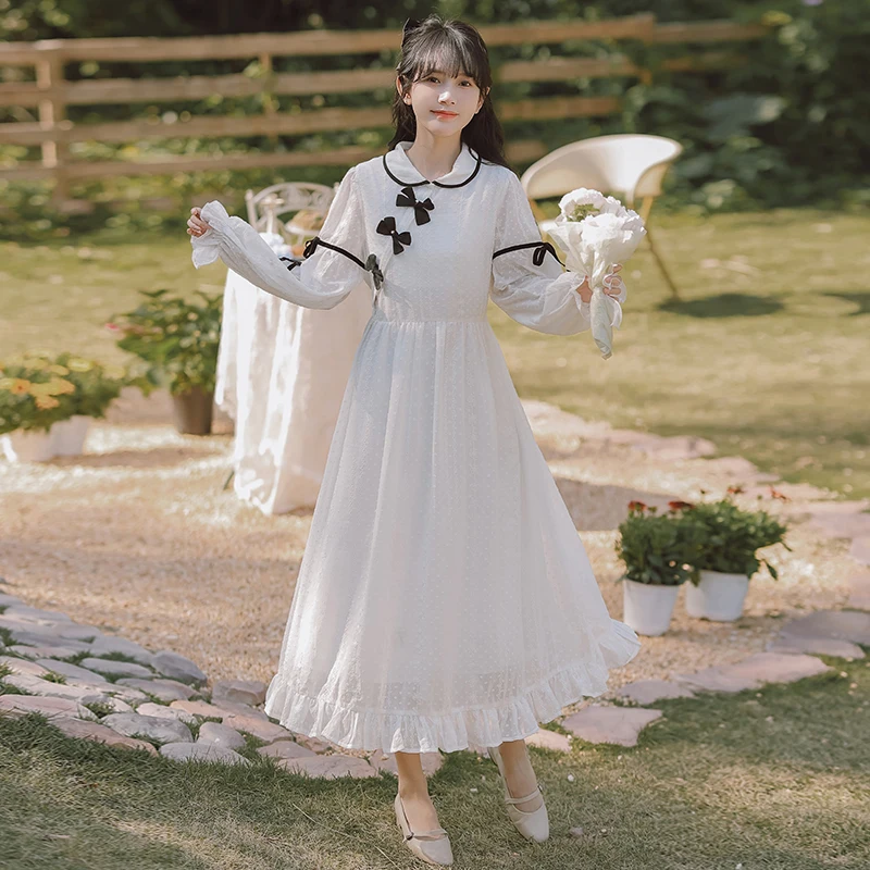 Милое платье миди в китайском ретро-стиле с оборками, милое белое вечернее женское платье с длинным рукавом, шифоновое женское платье принц...