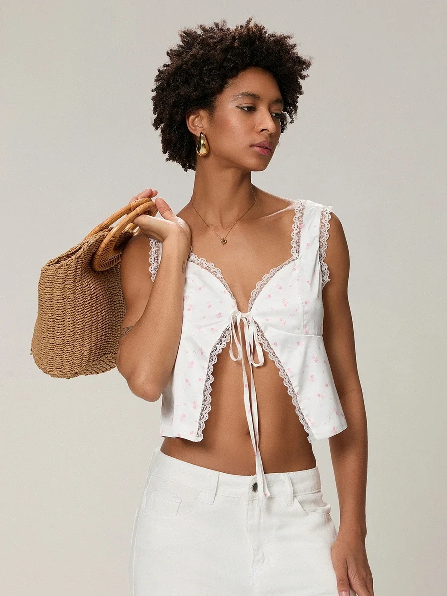 Женские укороченные топы с кружевной отделкой и цветочным принтом на бретелях