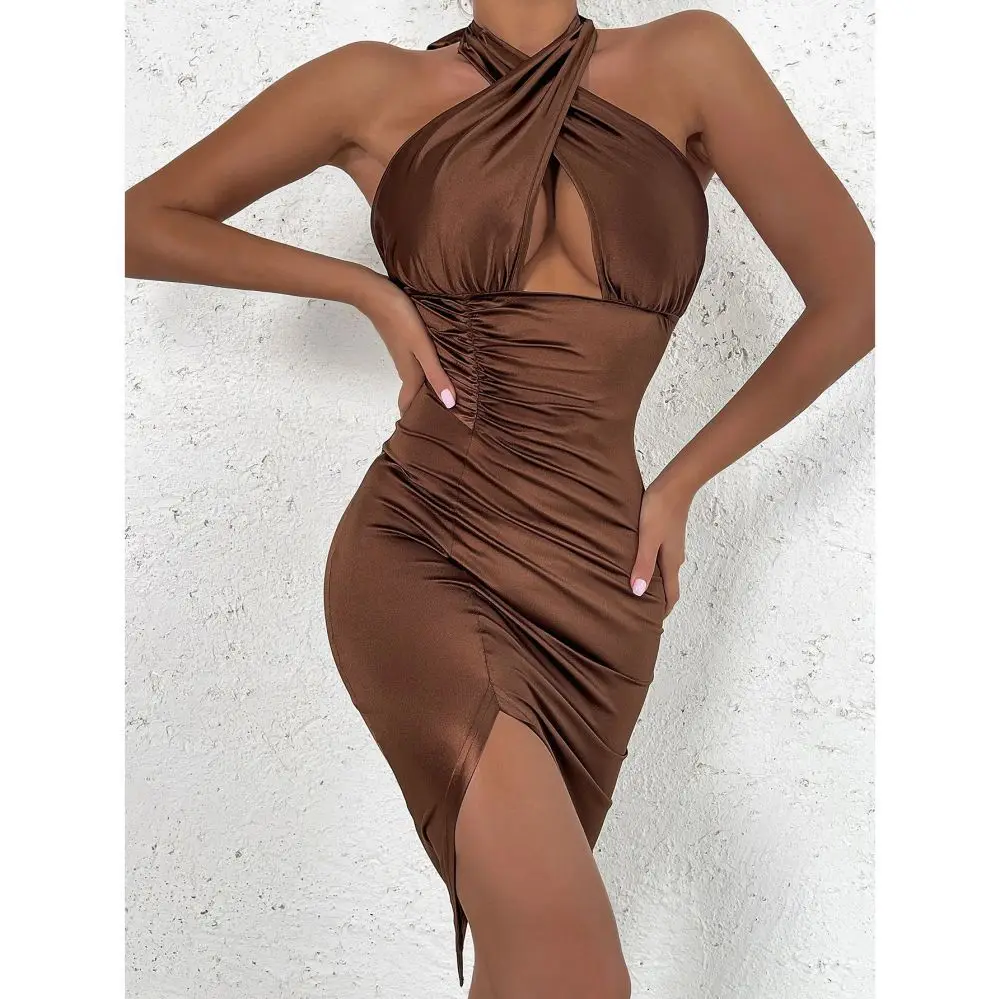 

New Arrivals Sexy Backless Tie Up Crossover Halterneck Skirt Dress For Women