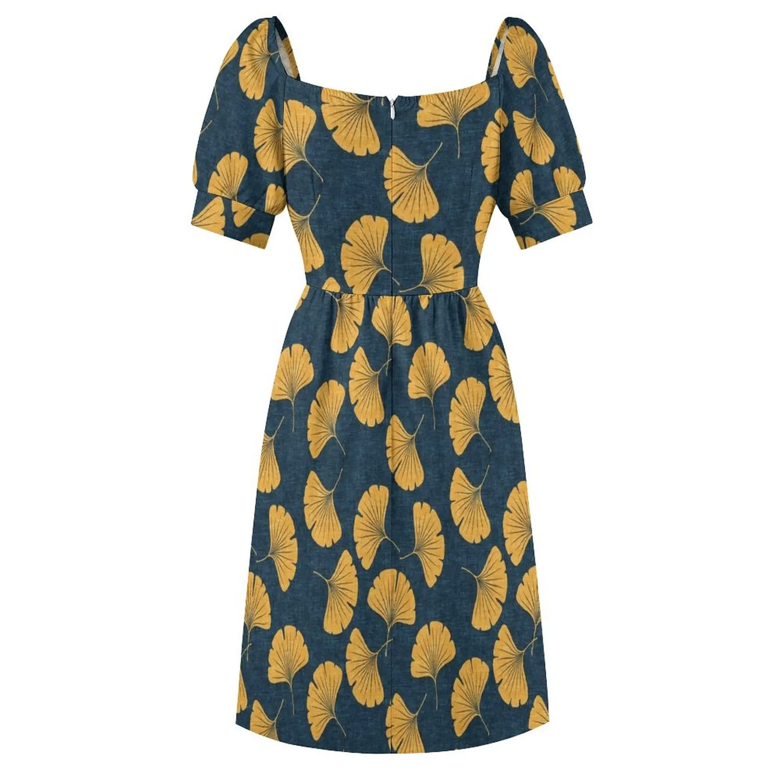 Гинкго билоба - листья гинкго синее платье с короткими рукавами Элегантные