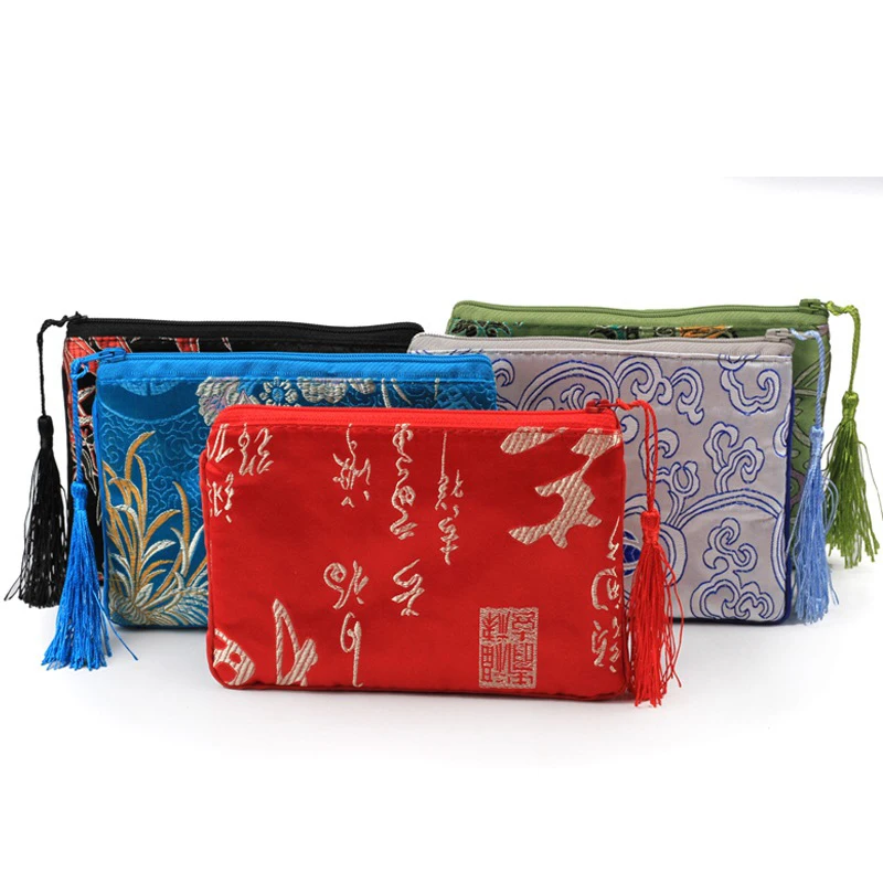 Wholesale 11*15cm Zipper Bag Tassel Brocade Bag Tassel Neck rope Cell Phone Bag Cover Chinese Silk Brocade Glasses Pouches Jewel