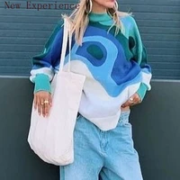 knitted soft contrast color swirl sweater womens autumn and winter long o neck pullover street casual loose warm sweater top