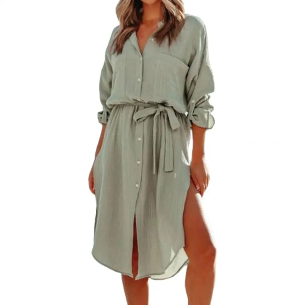 

Casual Women Dress White Pure Color Turn-down Collar Single-breasted Tight Waist summer dresses women 2022 Daily Wear