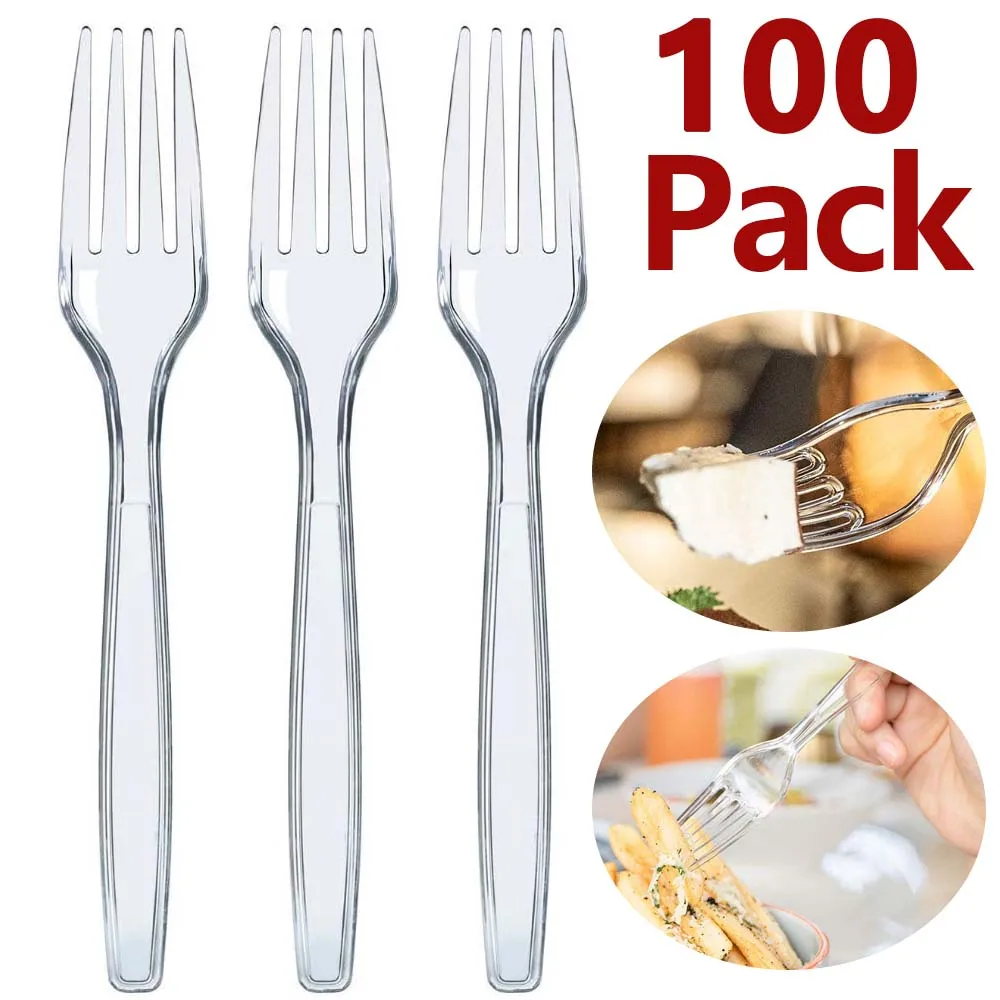 

100Pcs Clear Transparent Cutlery Disposable Forks For Party BBQ Sticks Home Dining Food Cake Fruit Fork Disposable Tableware