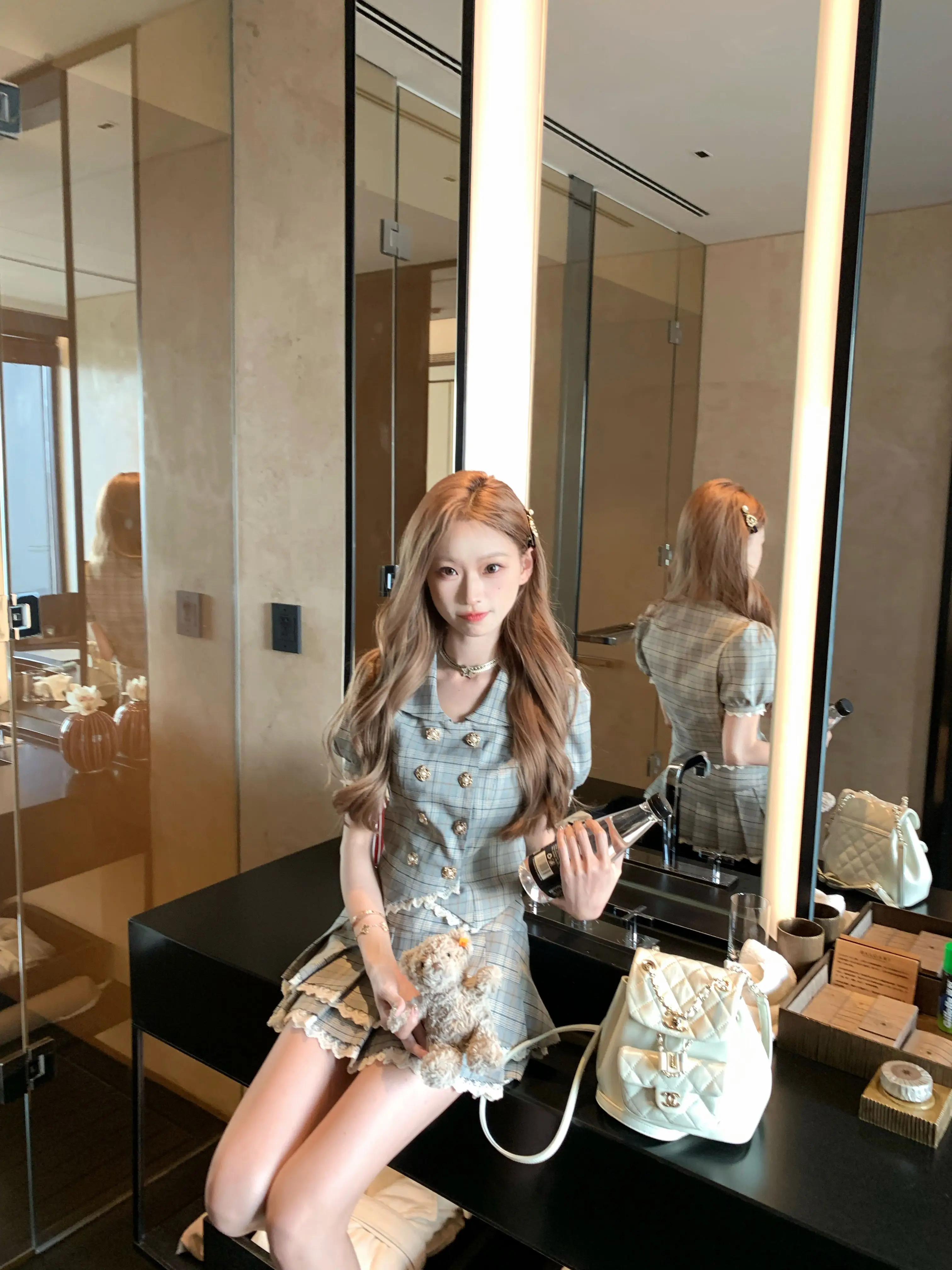 Coolline Lin Zixi Gui Qi Plaid Gold Buckle Set Women V-neck French sle Top Sweetheart Gyaru Sle Skirt Summer
