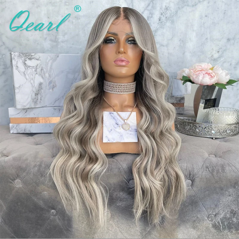 Human Hair Full Lace Wigs Grey Ash Brown Blonde Mixed Lace Front Wig for Women 13x6 HD Lace Frontal Wavy 150% Remy Hair Qearl