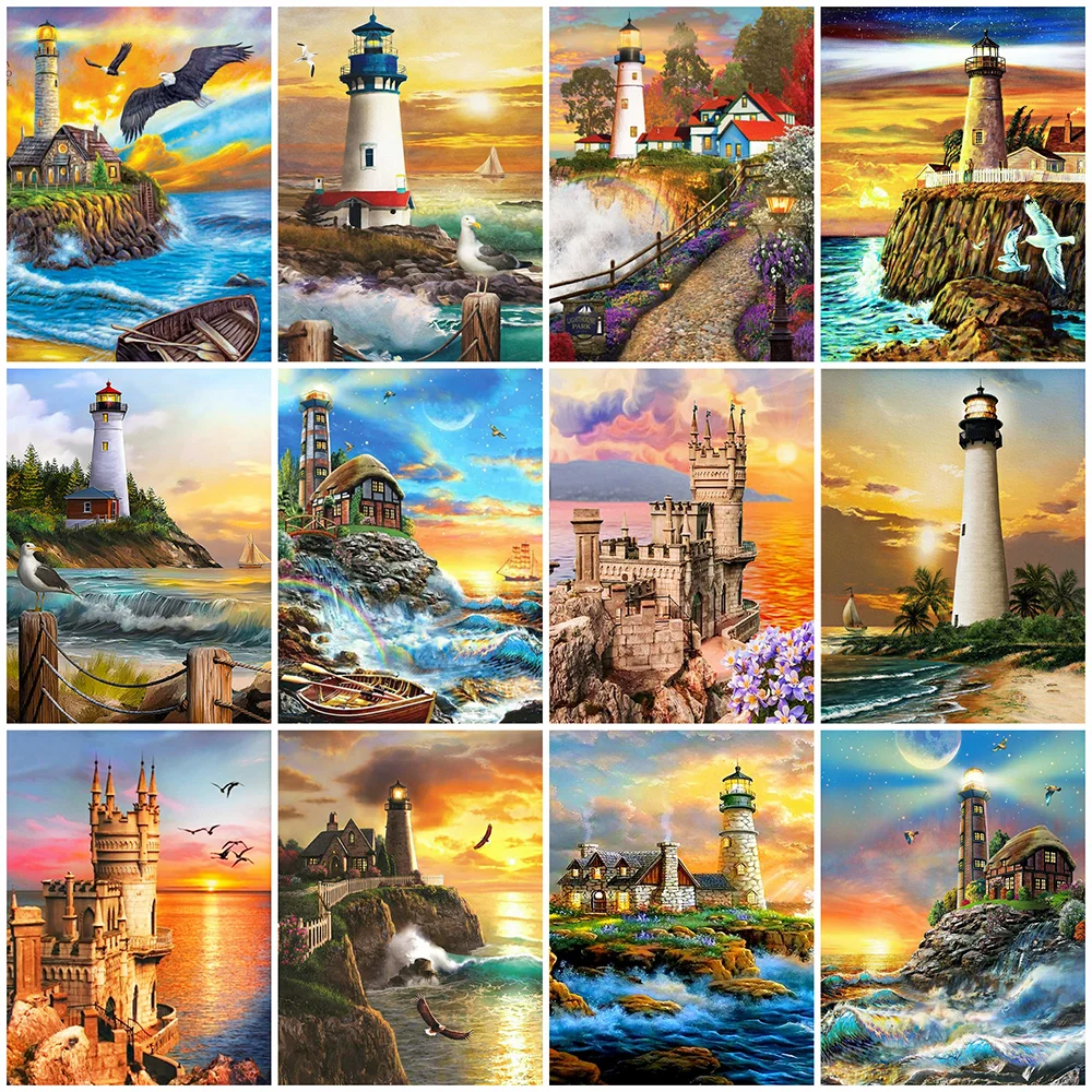 

5D DIY Diamond Painting Lighthouse Scenery Sunset Embroidery Cross Stitch Set Hand Inlaid Gifts Home Wall Art Decoration