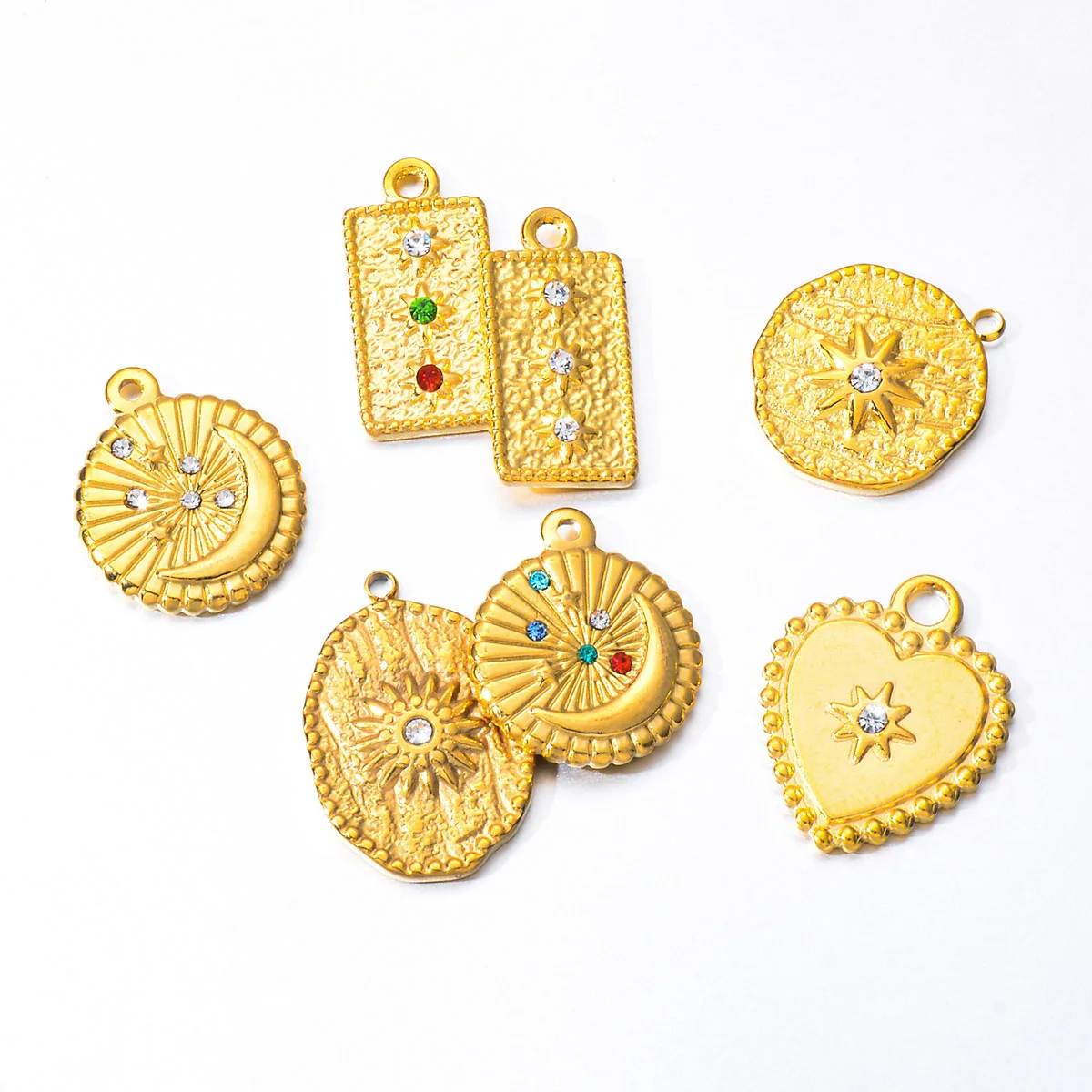 6pcs/lot Stainless Steel Gold Round Square Heart Rhinestones Pendant Charms for Necklace Findings DIY Jewelry Making Accessories