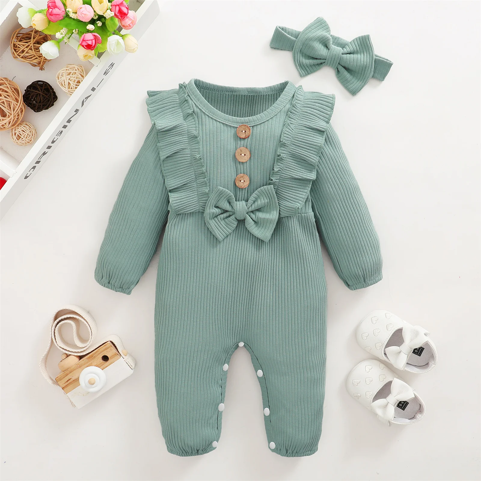 PatPat Baby Girl Clothes 2pcs Infant Newborn Romper Casual 95% Cotton Ribbed Long-sleeve Bowknot Button Jumpsuit Headband Set