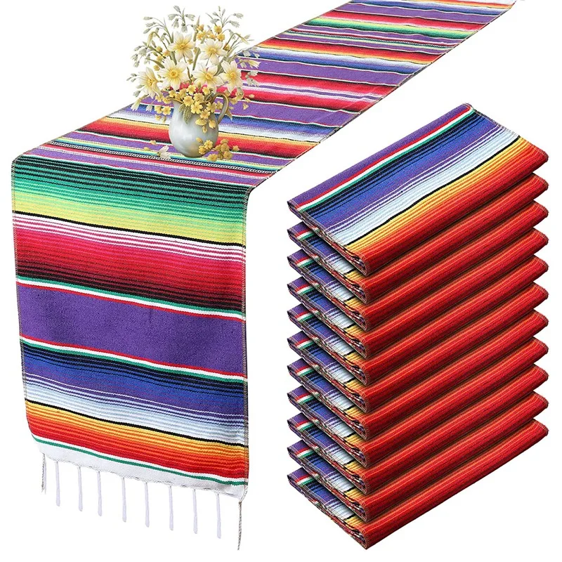 

12 Pcs Mexican Table Runner Mexican Party Table Blanket Colorful Striped Runner Fringe Cotton Table Runner Decoration