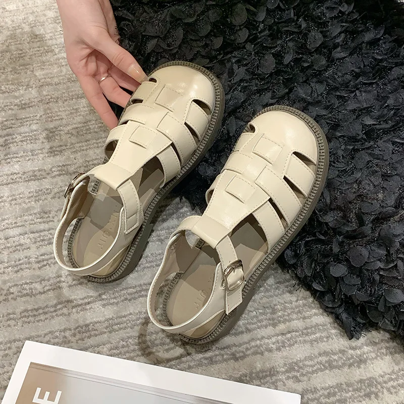 

Босоножки женские из натуральной кожи, летние римские сандалии, толстая подошва, плетеные ажурные, пляжные Повседневные тапочки в стиле рет...